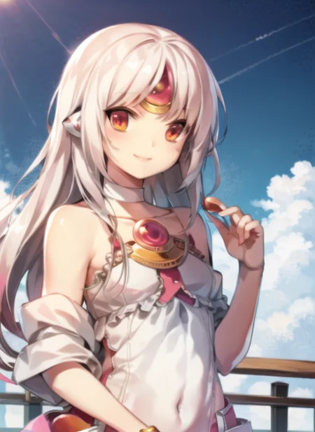 <lora:eve2-000008:1>, apple1, upper body, smile, outdoors, simple background, sky, day,