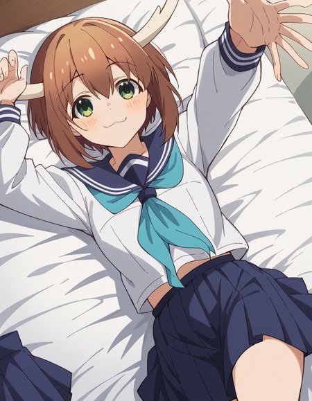 score_9, score_8_up, score_7_up, source_anime, <lora:noko-shikanoko-s1-v2-ponyxl-lora-nochekaiser:1>, noko shikanoko, short hair, bangs, brown hair, hair between eyes, green eyes, horns,, skirt, shirt, long sleeves, school uniform, white shirt, pleated skirt, serafuku, sailor collar, blue skirt, neckerchief, blue sailor collar,, indoors, bed, bed room, on side, blush, drunk,, smile, looking at viewer, on back, arm support, arms up, incoming hug, pov, reaching, reaching towards viewer,, solo,, cowboy shot, dutch angle