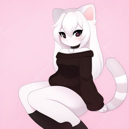 Naomi,  large eyes with gradient colors of pink, wearing an off-the-shoulder black sweater with a small heart detail, fur with light stripes, a choker necklace with a cute charm, cat tail, tail, 1tail, animal tail, black eyes, white skin, white hair, furry, perfect quality, masterpiece, best quality, 4K, Black stockings,Serious face, tall, 25 years , mating press,
<lora:PonyMinimalStyle:1>,