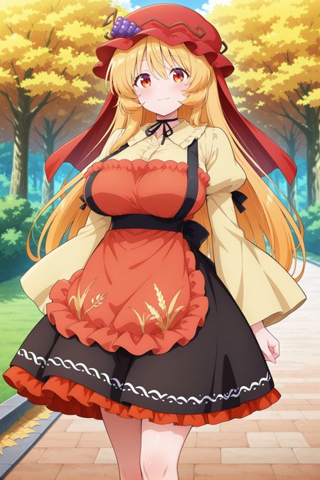 absurdres, highres, masterpiece, best quality, amazing quality, official anime artwork, screencap, anime screencap, outdoors, looking at viewer, light smile, dynamic pose, standing,
 <lora:Aki-Minoriko_Illustrious:1> aki minoriko, 1girl, yellow eyes, blonde hair, long hair, aged up, large breasts,, aki minoriko \(symbol of overly abundant harvests\), alternate hair length, alternate hairstyle, alternate costume, red veil, red hat, mob cap, grape hat ornament, black neck ribbon, yellow shirt, long sleeves, wide sleeves, juliet sleeves, collared shirt, black skirt, red frilled skirt, petticoat, frilled apron, red apron,