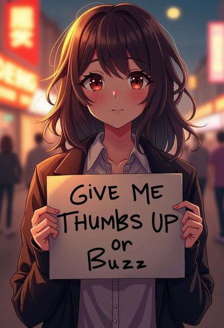 beautiful woman holding a sign  it says "give me thumbs up or buzz", realistic, cinematic,bokeh. anime style