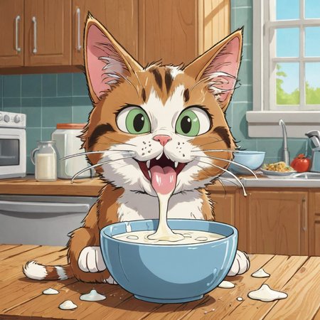 Cartoon Cat Licking Milk from a Bowl, Messy, Kitchen Background, Funny, Humor, Comedy, <lora:add-detail-xl:2>