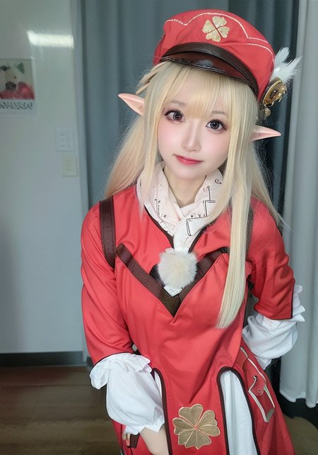 (masterpiece, best quality),  (photo realistic:1.55),(ulzzang-6500:0.65),detailed,  pointy_ears, hat, blurry_background, solo, blurry, 1girl, blonde_hair, hat_feather, elf, photo_\(medium\), gloves, klee_\(genshin_impact\), backpack, realistic, bag, depth_of_field, red_headwear,mittens,upper body,selfiemirror,(((arm around back))),