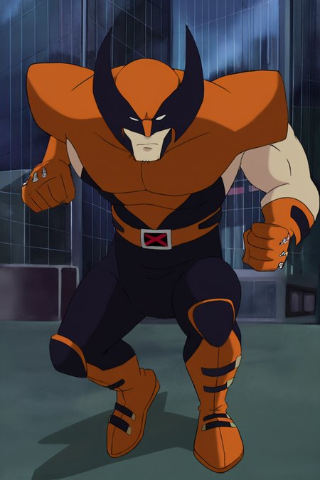 masterpiece, best quality, highres, newest, wolvevo, 1boy, solo, male focus, mature male, facial hair, stubble, bodysuit, orange bodysuit, black bodysuit, two-tone bodysuit, short sleeves, orange gloves, mask, covered eyes, white eyes, no pupils, belt, muscular, clenched hands, looking at viewer, standing, full body, outdoors, city, building <lora:Wolverine (Logan) X-Men Evolution (First Suit) v1.1 [LoRA] - NoobAI-XL EPS 1.0:1>