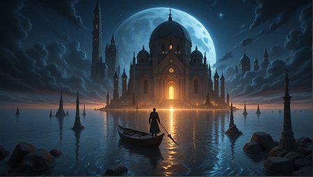 A stunning  a surreal, ethereal scene featuring a grand, ornate mosque with a large, domed white structure, set against a dark, starry night sky. The cathedral is illuminated by a full moon, casting a warm glow over the water. A lone figure stands in a small, wooden boat, holding a stick, in the middle of the image. Surrounding the cathedral are smaller, distant towers, and a calm, reflective surface. The sky is filled with swirling, dark clouds, and the overall atmosphere is one of serenity and tranquility..    
,photorealistic,masterpiece, best quality, amazing quality, very aesthetic, perfect eyes, 24yo, ( dramatic lighting) ,
,solo, 1boy, holding, standing, weapon, outdoors, sky, cloud, holding_weapon, from_behind, water, night, ocean, moon, building, 1other, star_\(sky\), night_sky, scenery, full_moon, starry_sky, reflection, rock, city, facing_away, fantasy, scythe, wide_shot, architecture, watercraft, planet, ambiguous_gender, tower, boat, holding_scythe, church, reflective_water, oar
