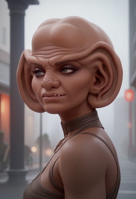 score_8_up, 1girl, solo, ferengi, ferengi female, big ears, bald, brow ridge, nose markings, dark skin, fang, scifi, busy scifi street, looking at another, eyeliner, seductive, <lora:Ferengi-07:0.7>