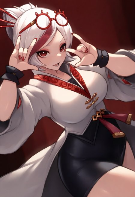 masterpiece, best quality, absurdres, 1girl,prhacn11, red-framed glasses, eyewear on head, red eyes, white hair, streaked hair, white coat, black shirt, black skirt, red trim, black cuffs, hair sticks,red nails,\\m/  <lora:prhac_n11:0.8>  <lora:queasy_n11:1>