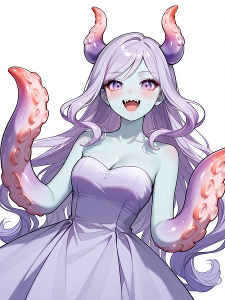 score_9, score_8_up, score_7_up, score_6_up, score_5_up, score_4_up, highest quality, intricately detailed, masterpiece
,detailed textures, realistic lighting, perfect detailed face, perfect detailed body
.[Main:0    ] light purple octopus girl
.[Photo:0  ] 
.[Action:0 ] leaning on tentacle hand
.[Details:0] cleavage
.[Body:0   ] blue skin, tentacle hands, tentacle arms
.[Cloth:0   ] lavender dress, bare shoulders
.[Hair:0     ] long wavey hair, octopus horns
.[Face:0     ] open mouth smile, sharp upper mouth, mascara
.[Expres:0 ] 
.[Seting:0  ] solid white background
<lora:Hand v2:1> <lora:PerfectEyesXL:1> <lora:sharp detailed image (foot focus) v1.1:1> <lora:Slime_Girls_Omori:1>
