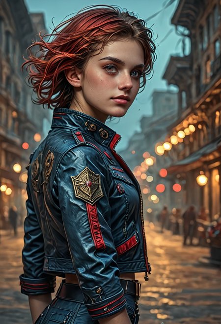 1girl, side view, she is Nausica of the Valley of the Wind, solo, masterpiece, absurdres, best quality, (colorful), cinematic lighting, realistic, dynamic pose, extremely detailed, head turned to look at viewer, red hair, beautiful detailed face,(intricate detailed blue short military jacket with gold inlaid, cleavage,extremely short miniskirt, military black boots), stands alone on the middle of a street with lampposts and burning fires in the background, solo, masterpiece, absurdres,  dynamic pose, the Sun shines over her, sun rays in her hair,subsurface scattering, remarkable color, ultra realistic, textured skin, remarkable detailed pupils, realistic dull skin noise, visible skin detail, skin fuzz, dry skin, bokeh, sharp focus on subject. no headgear,extremely detailed, looking at viewer, beautiful detailed face, subsurface scattering, remarkable color, ultra realistic, textured skin, realistic dull skin noise, visible skin detail, skin fuzz, dry skin, bokeh, sharp focus on subject.