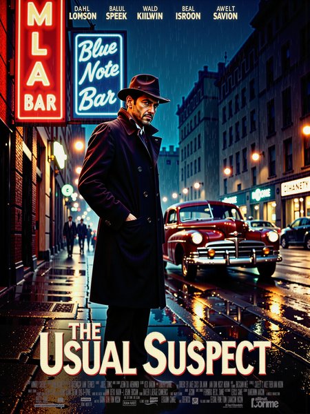 ultima cine, movie poster of a 1940s technicolor noir thriller with the title text: "The Usual Suspect" positioned prominently in a typical noir movie font at the bottom with thin font movie credits below, cinematic realism, sharp focus, set on a rain-soaked urban street in the late 1940s at night, the scene is illuminated by a flickering streetlamp, the wet pavement mirrors scattered lights from a nearby neon sign reading "Blue Note Bar" in bold blue and red, its glow distorted by the falling rain, in the background, the silhouettes of towering city buildings loom in the darkness, faint smoke spirals upwards from unseen chimneys, adding to the gritty ambiance, in the foreground, a lone detective stands, clad in a classic dark trench coat and fedora, water dripping from the brim of his hat, his shadow stretches long across the glistening pavement, a nearby rain-slicked brick wall catches faint reflections, adding texture and depth to the scene. a beautiful bordeaux red 1940s vintage car, its chrome bumper faintly glinting in the low light, is parked near the curb, the detective stands poised, one hand casually resting in his coat pocket, while the other holds a smoldering cigarette, its faint orange glow gleaming in the night, a thin trail of smoke curls and disappears into the damp air, the detective's expression is sharp and focused, his gaze locked on something just out of the viewer's sight. the detective is the focal point of this cinematic shot, while the richly detailed background provides depth and atmosphere, soft, diffused lighting highlights his features and silhouette, while subtle neon reflections in red and blue dance across the wet surfaces, raindrops are rendered in intricate detail, streaking through the lamplight, a subtle lens flare enhances realism. a masterful use of light and shadow is defining the noir aesthetic, emphasizing contrast and mystery, the rain and reflective surfaces lend a tactile, immersive quality. aidmatextimprover, <lora:ultima_cine-flux-by_sterlingangel:1.0> <lora:text_improver-v0.4-flux-by_aidma:0.6>