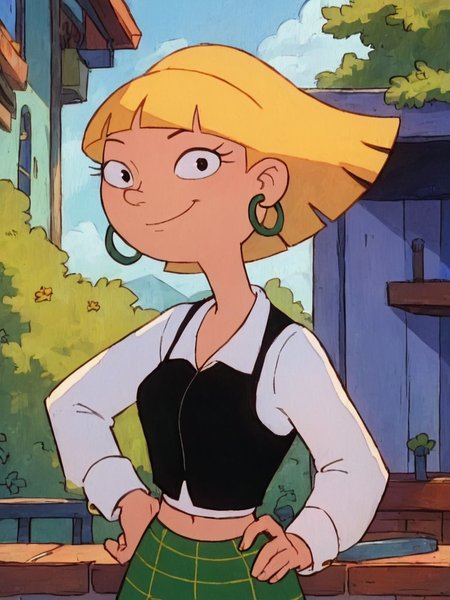 <lora:OlgaPony1.0:0.85> olga, 1girl, solo, blonde hair, short hair, white shirt, black tank top, hoop earrings, plaid skirt, smile, bangs, blunt bangs, thighhighs, midriff,upper body,  looking at viewer, hand on own hip, outdoors,, score_9, score_8_up, score_7_up, score_6_up
