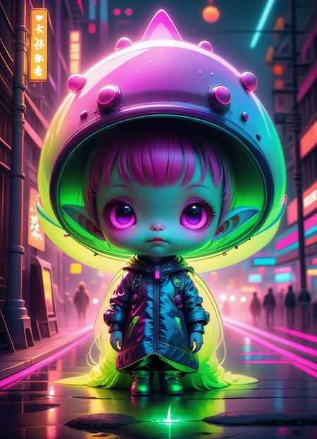 Ombre color scheme of neon blue, neon pink, neon yellow, neon green, neon orange, hyperrealistic art  <lora:sss:0.6> cute little Japanese (alien:1.3) anime, neon lights, (foggy night:1.1), stunning (full body shot) anime art by (Mark Ryden:1.1, Camille Vivier:0.88) <lora:Nicoletta_Ceccoli_2:0.4> Nicoletta Ceccoli <lora:another-bored-monsters:0.65> fx-monsters <lora:AnotherBoredDetailXL:0.7>,  <lora:70s_Sci-Fi_Art_XL:0.8> <lora:g0th1cXL:0.8> g0th1cxl, glowing, neon . extremely high-resolution details, photographic, realism pushed to extreme, fine texture, incredibly lifelike, subsurface scattering, Photorealistic, Hyperrealistic, analog style, realistic, film photography, soft lighting, heavy shadow