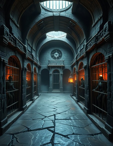 Deep within the necromancerâs fortress lies the Cell Block of the Damned, an endless crypt of imprisonment where no living beings resideâonly echoes of suffering and the restless remains of those long forgotten. The architecture is grotesque and unnatural, a fusion of blackened stone, rusted iron, and calcified bone, as if the walls themselves were formed from the fused remains of the dead. The air is cold, stale, and thick with an unnatural mist that coils like spectral fingers along the cracked floor.
Endless rows of iron-barred cells line the cavernous chamber, their interiors cloaked in unnatural darkness. Some cells contain skeletal figures, shackled in rusted chains, their hollow eye sockets glowing faintly with eerie green or crimson light. Others house shadowy wraiths, their indistinct forms flickering like dying embers, bound by ancient runes etched into the very fabric of the stone. A few cells appear completely empty, yet whispers emanate from withinâechoes of prisoners that no longer exist, but whose agony remains imprinted upon reality itself.
The walls pulse faintly, veins of necrotic energy coursing through their surface, feeding upon the despair and suffering trapped within. Chains dangle from the ceiling, some still swinging slightly as if disturbed by unseen forces. Along the floor, pools of black ichor seep from cracks in the stone, shifting unnaturally as if alive, swallowing anything that lingers too long.
At the heart of the chamber stands a monolithic iron cage, its bars twisted and gnarled, as though shaped by something with no regard for natural law. Inside, a shifting mass of bone, spectral energy, and dark mist writhes in eternal torment, its presence a gravitational wound in reality itself. The cage hums with an ominous resonance, its locks sealed with infernal sigils that glow with unholy fire, ensuring that whatever lurks within remains containedâfor now.
Above, an ancient stone archway looms, inscribed with ever-changing runes that bleed a slow, black liquid. Beyond it, the corridor stretches endlessly, shrouded in a choking fog where shapes move in the distance, watching, waiting. No footsteps ever echo in this place. No voices call out. Only the whispers of the forgotten, the endless creaking of rusted metal, and the sensation that somethingâsomething old, something hungryâis always watching.
This is not a prison.
It is a tomb for souls, a place where the dead are left to fester, to wither, and to become something else.
Style & Mood :
- Dark fantasy, gothic horror, necromantic aesthetics
- Cinematic, highly detailed, eerie lighting
- Infernal atmosphere, filled with shadows, glowing runes, and spectral entities
- Inspired by the works of ZdzisÅaw BeksiÅski, H.R. Giger, and dark medieval occultism
 <lora:SDXLFaeTastic2400:0.4> <lora:extremely_detailed:0.4> extremely detailed,<lora:necromancer_c3ll_bl0ck:1>,necromancer c3ll bl0ck, Masterpiece,best quality,hi res,8k,hi res,8k,award winning,(sharp focus, intricate, highly detailed),