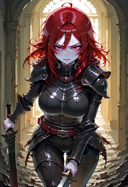 masterpiece, best quality, highres, absurdres, amazing quality, high resolution, 
Red Eyes, Red Hair, pale skin, Black Medieval Armor, leather straps
holding sword
curved blade, swinging sword, angry, brave perspective, hand raised up