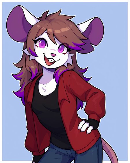 score_9_up, score_8_up, score_7_up, score_6_up, half-length portrait, female, brown hair, multicolored hair, purple highlights, purple eyes, buckteeth, mouse, white fur, small breasts, furry, red jacket, black tank top,  black jeans, fingerless gloves, looking at viewer, hand on hip,  happy, smile, head tilt, solo, three-quarter view, simple background, white outline, <lora:Leah_Pines(AIM)_XL_v1:0.15> <lora:PDXL_artist_tags_v2_big:0.5> <lora:The-Minuscule-Task_PDXL_v1.0:0.6>  <lora:Millie_justm1llie:0.65>