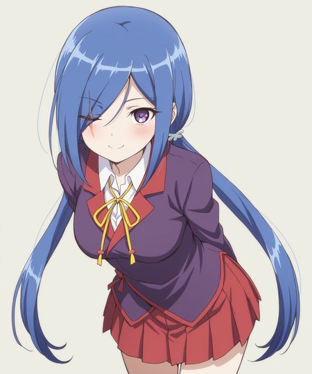masterpiece, best quality, amazing quality, very aesthetic, ultra detail, clear line, solo, <lora:yuki_v02:0.8>, yuki, very long hair, light blue hair, low twintails, hair ornament, purple eyes, hair over one eye, one eye closed, scar on right eye, winter uniform, dark purple jacket, white shirt, yellow string tie, red skirt, smile, cowboy shot, simple background, <lora:LECO_BadHands:1.2>, <lora:LECO_GoodHands:-1.2>