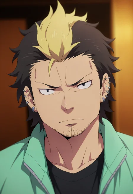 masterpiece, best quality, , (3d:0.4), looking at viewer, depth of field, 1boy, solo, male focus, <lora:ryuuji_suguro_ilxl:0.98>, ryuuji_suguro, black hair, black eyes, short hair, streaked hair, multicolored hair, two-tone hair, blonde hair, facial hair, stubble, ear piercing, , , snapback