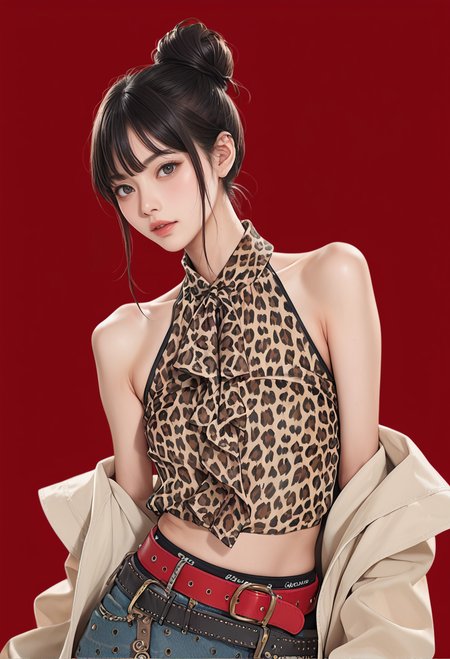 1girl,red background,,ruanyi00001,leopard print,belt,denim skirt,open clothes,bare shoulders,looking at viewer,hair bun,<lora:00001 Home wear 31_v1_pony:1>, score_9,score_8_up,score_7_up,,8k,1girl,solo,,