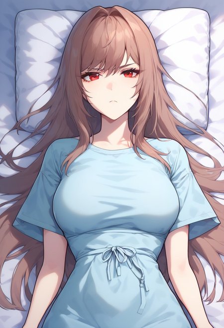 core_9, score_8_up, score_7_up, front view, gorgeous woman, rapirnd, red eyes, brown hair, long hair, bangs, b3tt3rh0spit4lg0wn, hospital_gown, short_sleeves, breasts_covered,, frown, tired eyes, looking at viewer, laying in bed, IV tubes, from above, lying on back