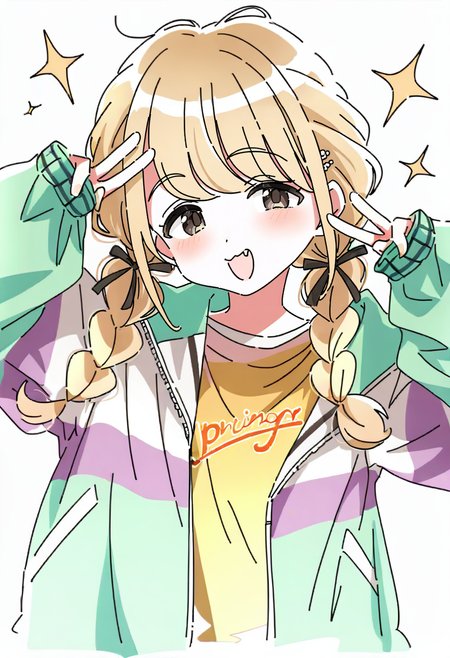 1girl, solo, braid, blonde hair, futaba anzu, twin braids, v, double v, shirt, jacket, white background, simple background, looking at viewer, smile, long hair, blush, upper body, fang, long sleeves, sparkle, twintails, bangs, open mouth, brown eyes, sleeves past wrists, multicolored jacket, yellow shirt, ribbon, hair ribbon, open jacket, open clothes, :d <lora:ixyXL_NBVP1_lokr_V6311PZ:0.95>