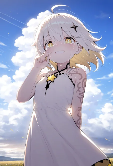 masterpiece,best quality,amazing quality,
1girl, solo, smile, looking at viewer, sky, cloud, ahoge, tears, dress, outdoors, wind, crying, hand up, star (symbol), medium hair, yellow eyes, crying with eyes open, bangs, cloudy sky, sleeveless, tattoo, short hair, white dress,
 <lora:Healthyman_epoch_10:1>