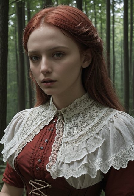 epiCRealism, (masterpiece:1.3), highes quality, High quality photo, Little Red Riding Hood weary in the woods, whita blouse rimmed with lace and underbust corset, dark, chiaroscuro, low-key, RAW photo, subsurface scattering, heavy shadow, (high quality:1.4), (intricate, high detail:1.2), professional photography, realistic, ultra realistic, photorealistic, high resolution, film photography, ambient lighting, atmospheric effects, highly detailed and hyper realistic photo of analog film photo of detailed sharp image