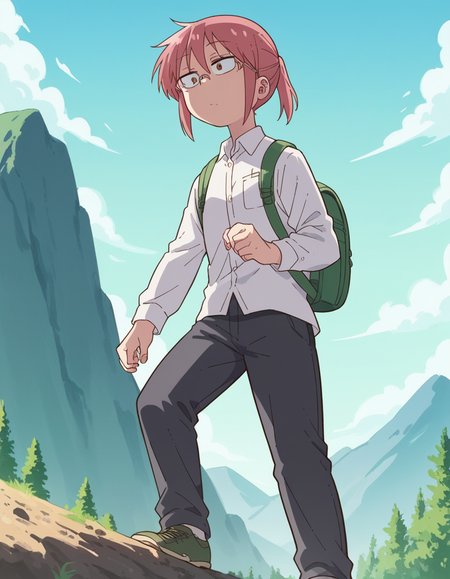 score_9, score_8_up, score_7_up, source_anime, <lora:dragon-kobayashi-s2-ponyxl-lora-nochekaiser:1>, kobayashi, ponytail, pink hair, glasses, short hair, brown eyes,, shirt, long sleeves, white shirt, collared shirt, pants, black pants, office lady,, mountain trail, hiking, nature, backpack, adventure, fresh air, , , from below, solo,, dutch angle,