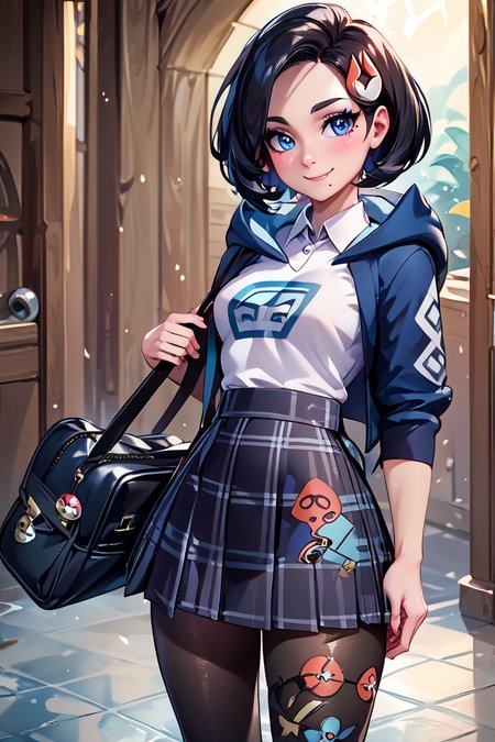 score_9, score_8_up, score_8, medium breasts, (curvy), cute, eyelashes,       BREAK, , zzMai, black hair, blue eyes, mole, mole under mouth, short hair, eyelashes, black footwear, black skirt, boots, brown bag, character print, diamond clan outfit, hood, hood down, jacket, pantyhose, pouch, print pantyhose, skirt, long sleeves, <lora:MaiPokemon_PDXL:0.8>, , BREAK, closed mouth, alternate costume, smile, looking at viewer, collared shirt, blush, sweater, black skirt, eyelashes, long sleeves, sleeves past wrists, plaid skirt, shoulder bag, black bag, blurry, tile floor, pleated skirt, white shirt, cowboy shot,  embedding:zPDXL, Expressiveh,  <lora:Vivid:0.7>,  <lora:Uncensored_PonyXL_cpt_v02.09:0.4>,  <lora:Expressive_H-000001:0.4>,