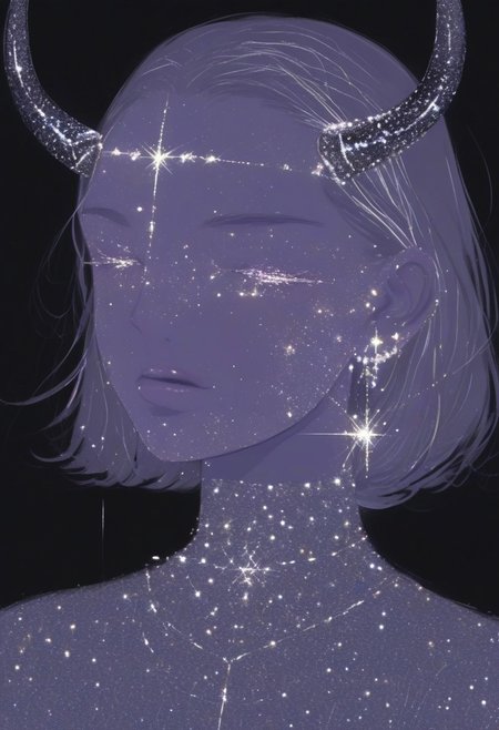 aaar7gl, 1girl, solo, horns, eye-rolling, (sparkle), jewelry, black background, earrings, short hair, simple background, painting, drawing, parted lips,
