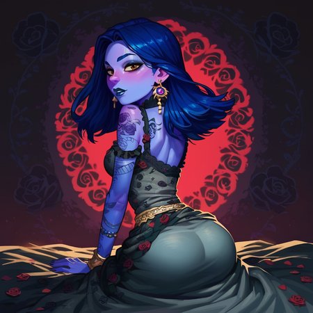 score_9, score_8_up, score_7_up, score_6_up, lizzie natividad, 1girl, solo, earrings, colored skin, purple skin, blue hair, black tattoos, blue lipstick, blue eyebrows, rose pattern, makeup, eyeshadow, brown eyes, looking at viewer,  detailed background, elegant woman,hourglass body, good lighting,looking at viewer, view from behind, ass, pov, grey dress,  <lora:Lizzie_Natividad_Psychonauts_-_PonyXL:0.9>   <lora:incase-ilff-v3-4:0.5> <lora:d3p1x3lXLP:0.65>