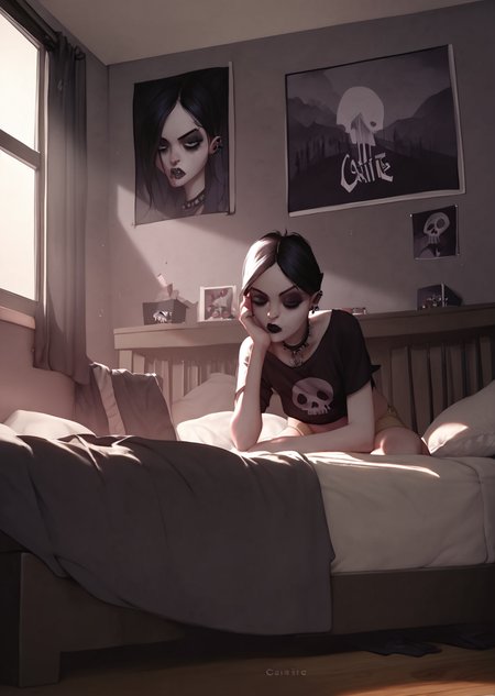 score_9, score_8_up, score_7_up, score_6_up,   <lora:Carrie_Rosenburg:0.8>, Carrie, 1girl, solo, bedroom, goth, detailed background,