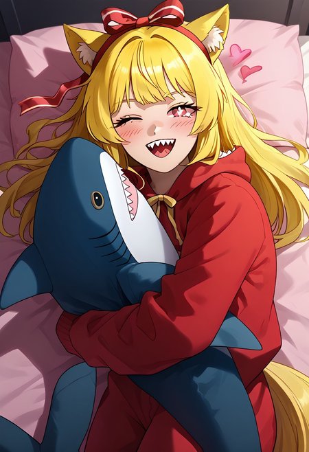 score_9_up, masterpiece, best quality, amazing quality, very aesthetic, absurdres, newest, , photorealistic, portrait, 1girl, solo girl, laying on bed, on back,<lora:kigurumi-ponyxl-lora-nochekaiser:1>, kigurumi, animal hood, animal costume, cosplay,, night, dim light, ON SIDE, HAPPY, EYES CLOSED,  HEARTS IN AIR,hugging, shark, stuffed shark, ((SHARK IN GIFT RIBBON)),<lora:Hugging_shark:1>
<lora:Lucita_Yellow_Pony_V2.0:1> Lucita Yellow,  ((long yellow hair, bangs, animal ears, tail, pink eyes, square shaped pupils)), ((adult)) medium breasts, open mouth, sharp teeth, light blushing,