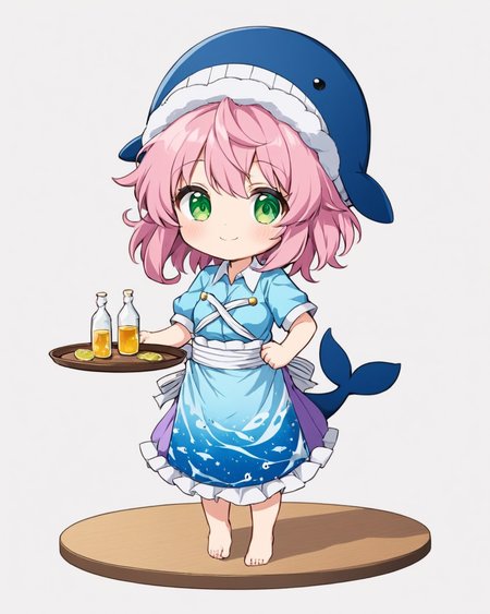 okunoda miyoi,1girl, purple_skirt, solo, white_background, blue_shirt, fish_print, short_sleeves, chibi, simple_background, tokkuri, looking_at_viewer, tray, full_body, standing_on_one_leg, smile, :q, blue_headwear, sparkle, choko_\(cup\), cup, cross-laced_clothes, closed_mouth, barefoot, bright_pupils, bottle, animal_hat, v-shaped_eyebrows, whale, apron
<lora:okunoda_miyoi_image445_2023-12-20-000010:1>,star-shaped_pupils,symbol-shaped_pupils,. gorgeous,key visual, vibrant, studio anime,award-winning, professional, highly detailed,high budget, cinemascope