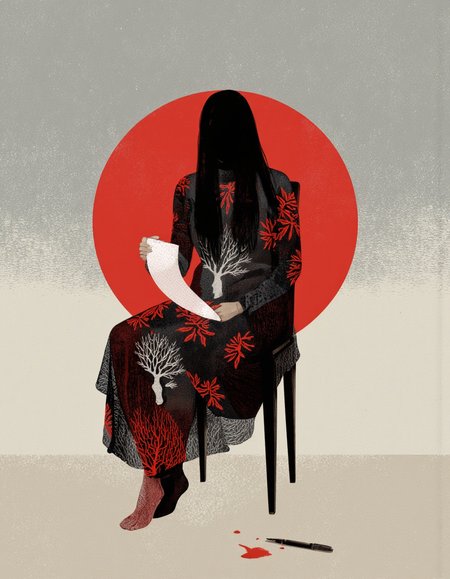 By Anna & Elena Balbusso. A digital illustration shoot from the front about a silhouette of a woman sitting in a chair, holding a piece of paper with a tree-like design, in an indoor setting with a minimalistic background featuring a gradient of light gray and red tones. the image also shows a red circle and a pen on the floor. on the middle of the image, a woman, who appears to be in her mid-twenties, with long black hair, is sitting on a chair. she is facing the viewer and her face is not visible. her body is slim and she is wearing a black and red dress with intricate patterns. the dress is draped over her shoulders, and she has bare feet. on her lap, she is holding a sheet of paper in her hand. the woman's hair is long and black, and her hair style is also black. her hair color is black hair. her facial features are not visible, but her expression is neutral. her clothing is black with red patterns, and the dress has long sleeves. the overall style is minimalist and abstract, with a focus on the woman and her writing.