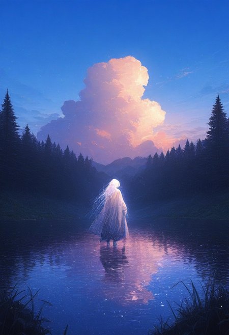 LL-Illu, 1boy arm_above_head blue_sky cloud dusk fantasy forest from_behind grass jellyfish lake landscape light_particles male_focus nature outstretched_arm painterly reaching reflection reflective_water scenery shore sky star_(sky) starry_sky tree water 
absurdres, masterpiece, gradient, high_quality, newest, incredibly_absurdres, very_aesthetic, depth_of_field, grainy_texture, film_grain blender_\(artwork\), zbrush_\(artwork\), digital_painting_\(artwork\) light_particles, painterly, raytraced, blending, volumetric_lighting