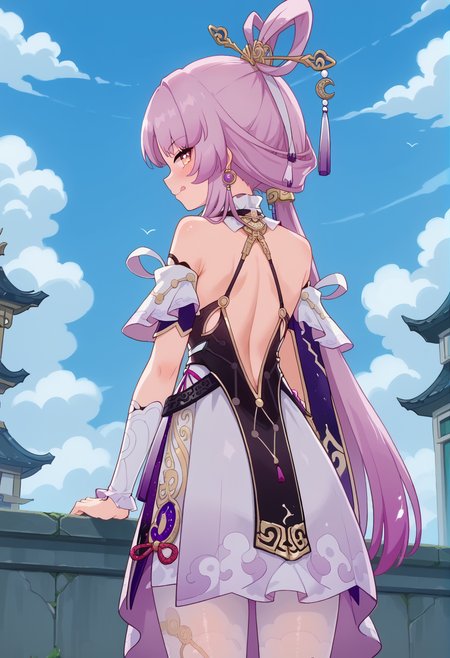 score_9, score_8_up, score_7_up, BREAK source_anime, masterpiece, anime screencap, shiny skin,
1girl, solo,
blush, licking lips ,
selfiemirror,
from below,
female focus,
sexy,
looking back,
hand on own hip ,
sitting ,
fuxuan,
outdoors,
<lora:fuxuan.pony:1>