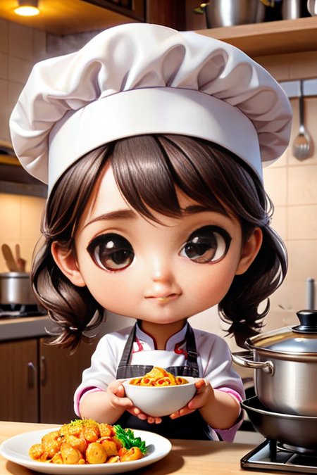 A little girl cook, chibi girl cook, girl cookwith , cute, <lora:zhibi:.8> little, tiny , chibi girl cookcute, photorealistic, girl cookwith a  in his hand,