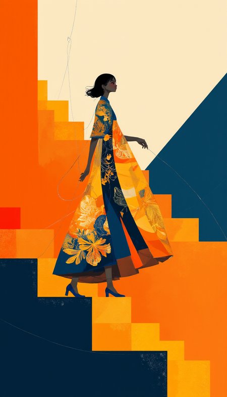 Caption:  
A striking, abstract silhouette of a person ascends a geometric staircase that twists and turns with vivid, angular patterns. The figure, draped in a flowing, multi-colored robe adorned with intricate designs, seems to embody elegance and determination. The staircase, composed of bold blocks of orange, blue, and gold, leads upward into an undefined space, symbolizing a journey of growth or discovery. Thin, delicate lines trail behind the figure, adding a sense of motion and grace to the scene.

Art Style:  
This artwork is rendered in a modern, geometric abstraction style, with influences from Art Deco. The composition features sharp, angular shapes and a vibrant color palette dominated by rich oranges, blues, and golds, creating a sense of dynamism and elegance. The figure is stylized, with minimal details that emphasize form and movement rather than realism. The overall effect is a sophisticated, visually compelling piece that evokes themes of progress, ambition, and the beauty of the journey. The "Zero Kelvin" watermark is subtly integrated into the lower portion of the staircase design, blending seamlessly with the angular patterns, ensuring it complements the overall aesthetic.