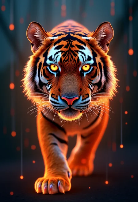 An image of a tiger created by using glowing words "Tiger" "Ferocious" "Predator" "Cat" "Jungle", vertical flowing, a glowing gradient matrix background