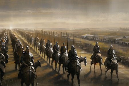 a group of men in armor walking down a street next to a line of wooden poles and gates with horses