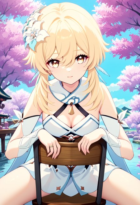 score_9, score_8_up, score_7_up, source_anime, ultra detailed, 
Generate a picture of a girl stradding chair. She is leaning forward with her chest and abdomen resting on the backrest of the chair. Her arms on backrest, looking at viewer with light smile. (chair), front view,
Whimsical tattoos, delicate rings, fairy necklaces, dreamy gaze, light makeup, fairy costumes, barefoot, minimal piercings, long, flowing.
The girl in the courtyard of a Japanese-style dojo, there is a small pond with low cherry trees along its edgeï¼
lumine \(genshin impact\). The girl has yellowish white skin, middle blonde hair with long bangs and hair between eyes, she has yellow eyes, wearing feather hair ornament and hair flower, she has tender and slender body with medium breasts and cleavage, bare shoulders and detached collar,
,<lora:genshin-lumine-2024-short-ponyxl-lora-nochekaiser:1>,<lora:Stradding_Chair_Pony:1>