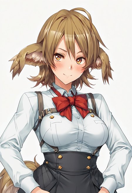 score_9, score_8_up, score_7_up, score_6_up, score_5_up, score_4_up, BREAK,  <lora:cmarket0826-sdxl-000028:1>, noa riads, 1girl, solo, breasts, blush, smile, short hair, simple background, brown hair, long sleeves, fluffy tail, ahoge, animal ears, dog ears, medium breasts,  swept bangs
shiny skin, school uniform, red bowtie, white shirt, black skirt, hands on hips, frown, blush, looking at viewer,
upper body, Eye focus
fr0nt1nn0c3ntStyl3, Style: Front Innocent,