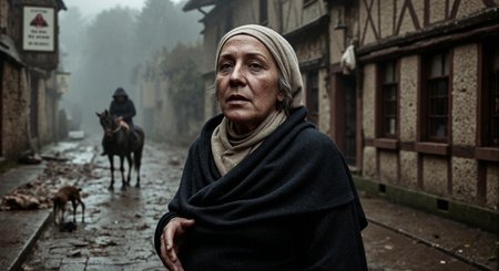 aidmarealisticskin. This is a high-resolution photograph of a 80 years old, weathered woman in a 16th-century town ravaged by the Black Death. The cobblestone streets, uneven and treacherous, are slick with rain and shrouded in a thick fog that obscures the dim light of the winter day.  A lone, skeletal dog scavenges amongst the refuse strewn across the street. In the distance, a lone horse stands dejectedly in front of a half-timbered inn, its sign creaking ominously in the wind.  The houses, their wattle and daub walls showing signs of decay and neglect, loom over the narrow street, their windows dark and lifeless. Washing hangs limply from a second-story window, a forlorn attempt at normalcy in the face of tragedy.  The woman's face is etched with wrinkles and sorrow, her eyes reflecting the grim reality of the plague-stricken town. She wears a dark, heavy woolen dress, the fabric coarse and worn, and a shawl pulled tightly around her shoulders against the biting cold.  Her grey hair is covered by a simple linen cap. The air is heavy with the smell of damp earth, decay, and woodsmoke. The overall mood is one of despair and desolation, capturing the bleak aftermath of the plague in a 16th-century European town. Something very cruel happened to this extremely old woman,the marks and injuries of that are visible on her face.