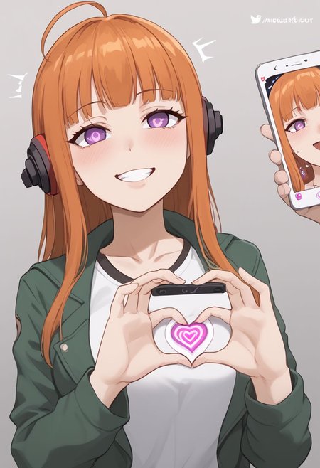 Futaba hypnotized, 
score_9, source anime, lewd, 1girl,
mind control, hypnotized, glazed over eyes, expressionless, slightly drooling, happy trance,
boobheart, heart hands Press own breast, (mind control phone app), pov, pov holding phone,
futaba sakura, orange hair, long hair, purple eyes, ahoge, behind-the-head headphones, green jacket,