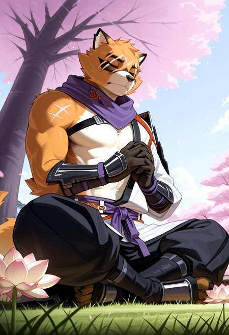score_9, score_8_up, score_7_up,<lora:Expressive_H-000001>, 8k, detailed design, detailed background, detailed characters, masterpiece, anthro only, furry only, 1boy, solo,  <lora:HajimeIllustrious>, white armor, no pupils, belt, black gauntlet, white japanese clothes, white hadanugi dousa, purple neckerchief, black pants,  meditation, lotus position, male focus, own hands together, sitting, closed eyes, below angle,  outside, cherry blossom, daytime, sunny day, field, peaceful, lake,