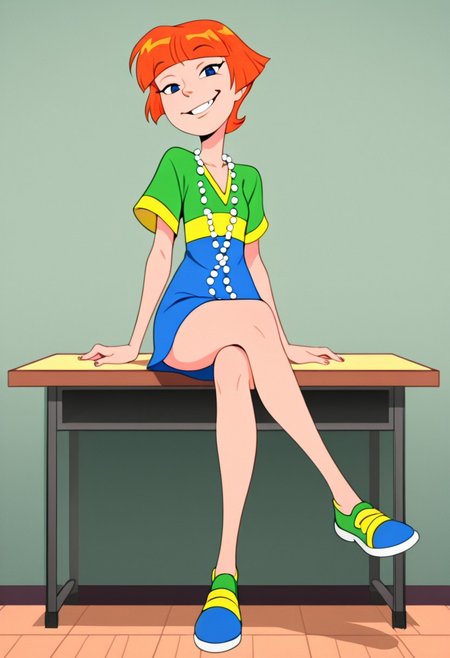 1 girl, solo, orange hair, short hair, blue eyes, large shirt, multicolored shirt, v-neck shirt, long pearl necklace, multicolored shoes,  looking at viewer, smiling, seductive, sitting on desk, grin, biting lip, tugging at collar, adult, tall height, woman, sexy, crossing legs, full body,