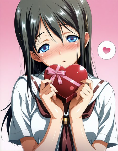 masterpiece, best quality, amazing quality, official art, ultra highres, intricate,
1girl, solo, kamimura_haruka, long hair, black hair, blue eyes, 
school uniform, BREAK lovestruck, blush, head tilt, looking at viewer, spoken heart, standing, holding heart gift, hand over own mouth, gradient background, pink background, front view, upper body, highly detailed, detailed background
<lora:kamimura haruka v1.0-000011:1>