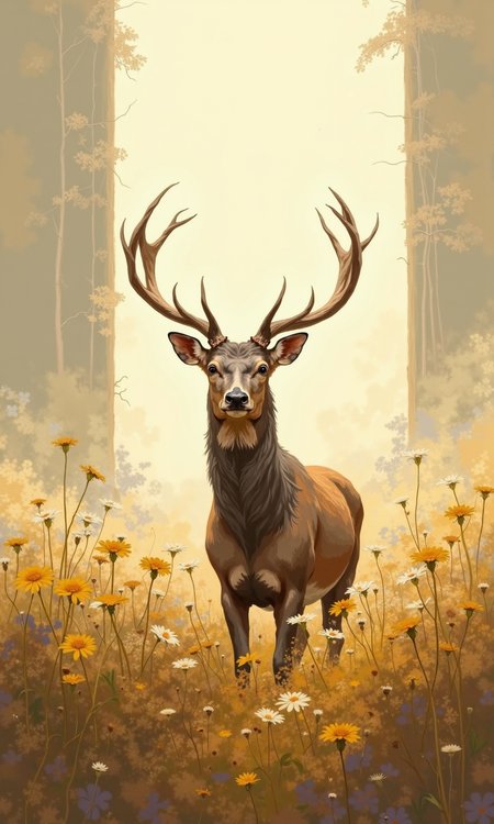 Full shot of a stag in a field of wildflowers. 
The stag, centered in the image, is a light brownish-gray color. Its large antlers are prominent and extend outward from its head.  Its body is positioned in a direct-facing, slightly angled stance.
The field of wildflowers is primarily composed of light yellowish-brown and beige colored flowers and stalks. The flowers are various sizes and some appear slightly blurred, likely due to the depth of field or stylistic choices. 
The background has a soft, hazy quality. The light appears to be warm and golden-toned, casting a soft glow over the entire scene.  There are subtle hints of light and shadow, contributing to dimension. A soft background effect or mist is visible, creating a sort of ethereal quality to the scene. The color palette is predominantly muted, warm tones ranging from light yellow-gold to browns.   Vertical lines of what appear to be faint tree or building forms are visible in the upper boundaries of the image, but are not clear.
<lora:FLUX-daubrez-DB4RZ-v2:1> DB4RZ, DB4RZ style painting