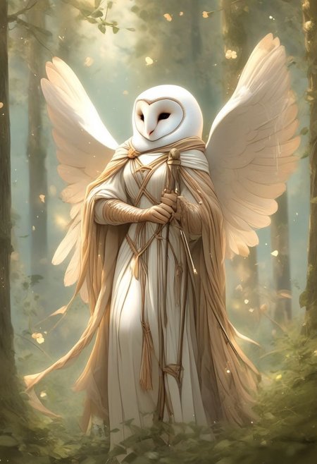 Beautiful, barn owl, anthro, robe, fantasy, bow and arrows, forest atmosphere, human body, female,
