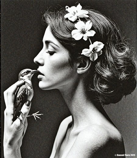 Generate a black and white photographic portrait, chest-up, in the style of Helmut Newton and Peter Lindbergh, reminiscent of classic photojournalism. The subject, a woman with waved hair adorned with a floral circlet, is in profile, subtly angled towards the viewer.  She holds a small bird gently near her face, its beak close to her lips; her eyes are closed, her expression serene.  Employ dramatic chiaroscuro lighting with strong shadows and stark contrasts, emphasizing textures and creating depth.  The background is dark, blurred, and undefined.  A grainy film aesthetic, reminiscent of a vintage print, is crucial.  The image should exhibit a monochromatic palette with a strong sense of intimacy and mystery, achieving a compelling interplay between light and shadow à la Caravaggio, and a subtly sensual mood evocative of Edward Weston's nudes. <lora:_Flux\_Photographer\Helmut_Newton-000001.safetensors:0.85:0.85>